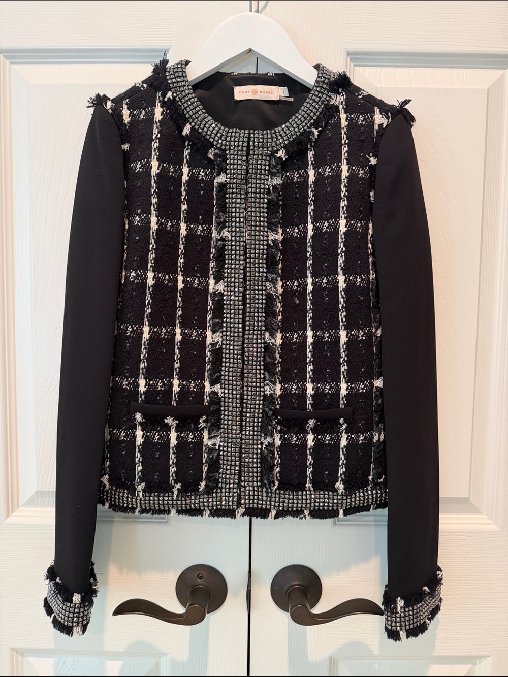 Tory Burch Black and White Tweed Contrast-Sleeve Jacket